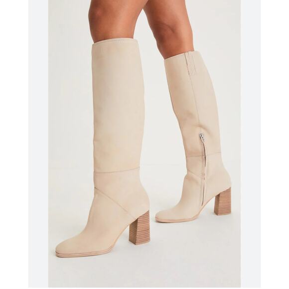 DOLCE VITA Women’s 8 Fynn Block Heel Leather Knee High Boots Cream Leather - Picture 1 of 7